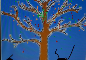 Praca plastyczna- drzewo na niebieskim tle